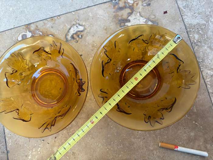 Vintage Pasari Indonesian Amber Glass Goldfish Koi Bowl Pair of 2