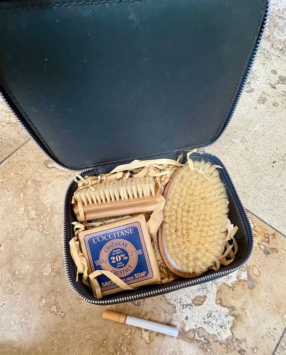 Anya Hindmarch  brown Bag British Airway First Class Amenity Case with L Occitane soap contents
