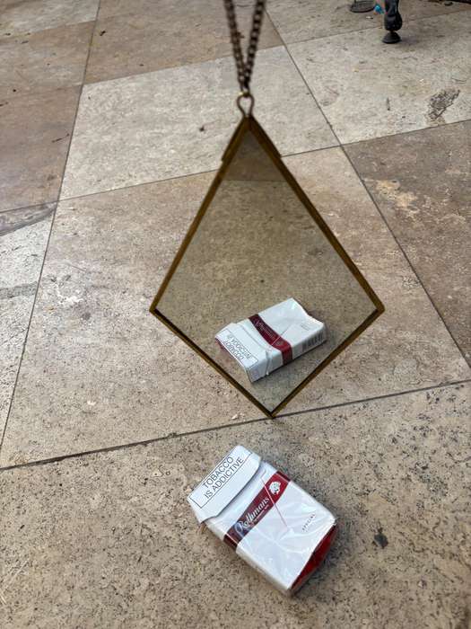 Vintage retro brass frame diamond shape mirror with velvet backing