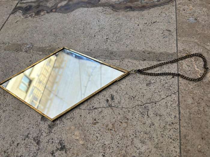 Vintage retro brass frame diamond shape mirror with velvet backing