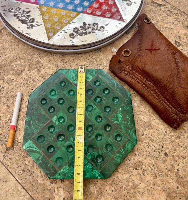 Vintage Malachite stone solitaire game board with glass clear marbles