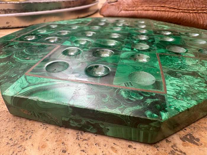 Vintage Malachite stone solitaire game board with glass clear marbles