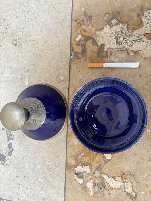 Vintage Moroccan tajines tagline cobalt blue terracotta with metal trimming