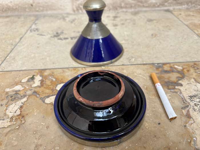 Vintage Moroccan tajines tagline cobalt blue terracotta with metal trimming