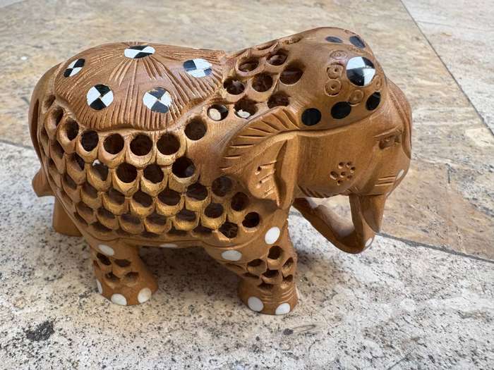Hand carved wood elephant statue figurine decor baby in tummy