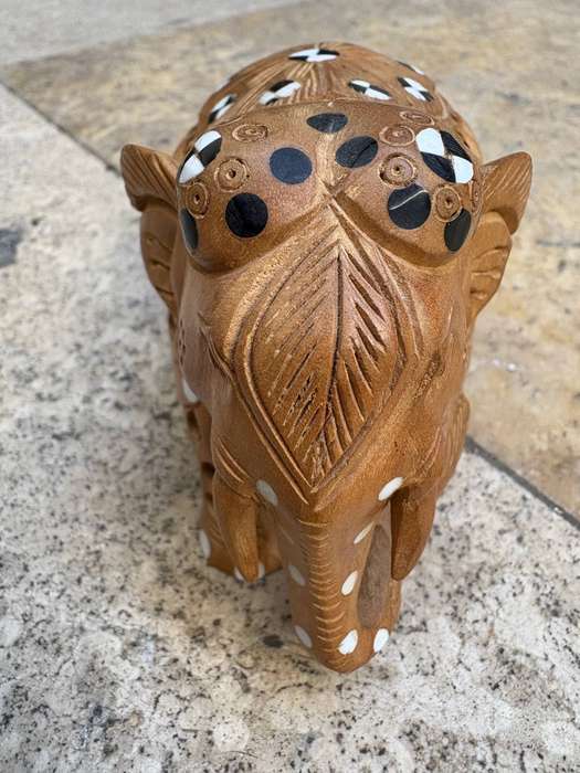 Hand carved wood elephant statue figurine decor baby in tummy