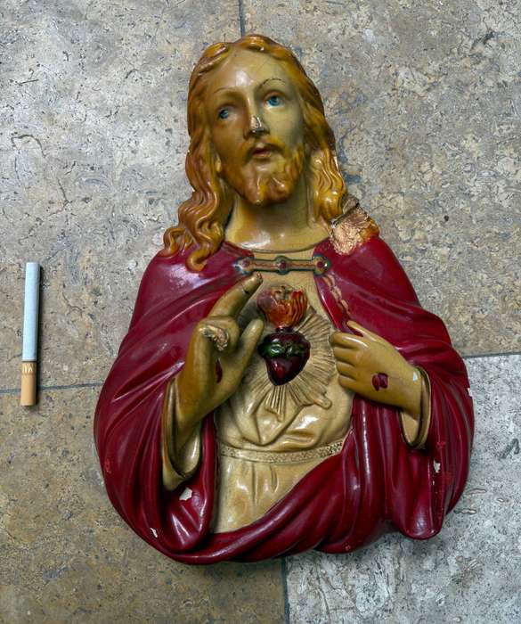 Antique sacred heart of Jesus bust plaster statuette wall mount large