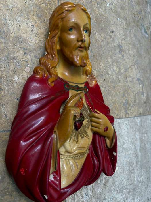 Antique sacred heart of Jesus bust plaster statuette wall mount large