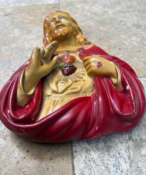 Antique sacred heart of Jesus bust plaster statuette wall mount large