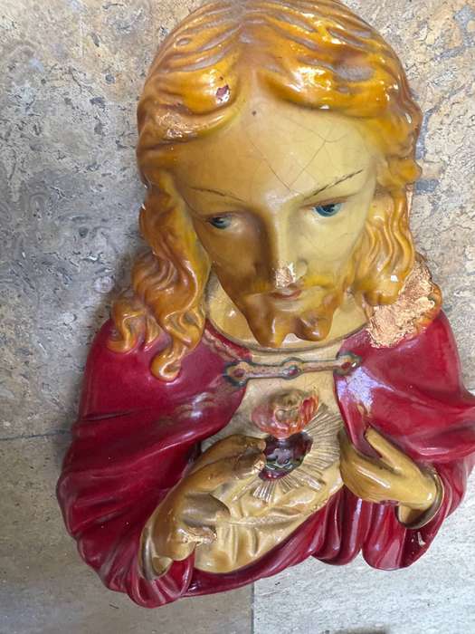 Antique sacred heart of Jesus bust plaster statuette wall mount large