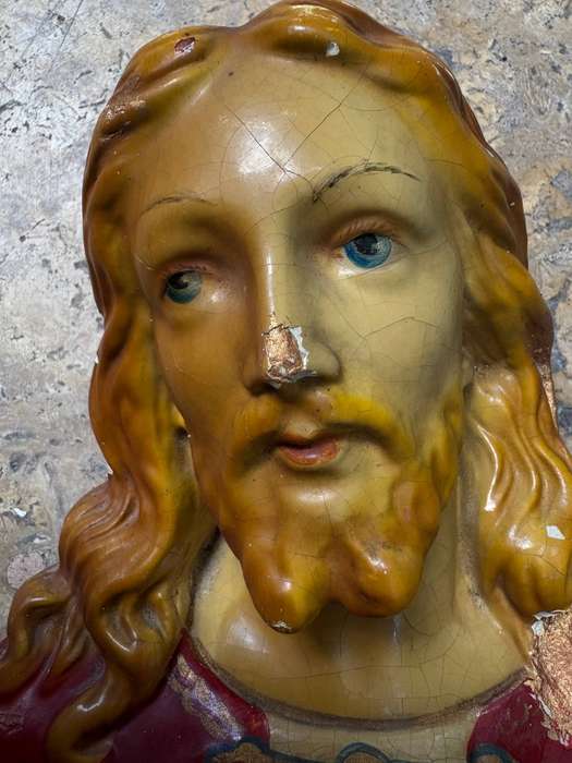 Antique sacred heart of Jesus bust plaster statuette wall mount large