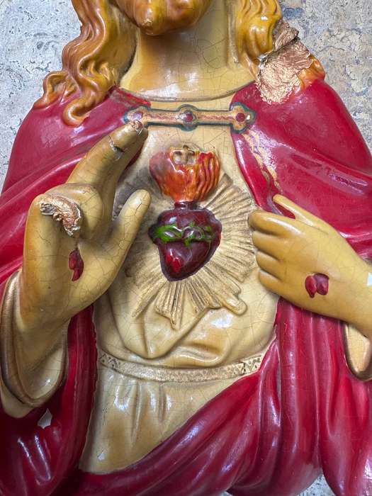 Antique sacred heart of Jesus bust plaster statuette wall mount large
