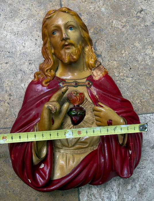 Antique sacred heart of Jesus bust plaster statuette wall mount large