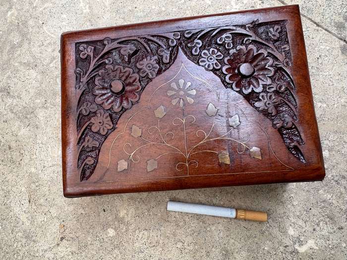 Vintage hand carved wood jewellery box with brass inlay floral