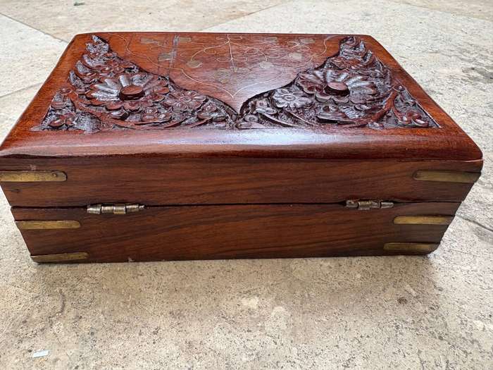 Vintage hand carved wood jewellery box with brass inlay floral
