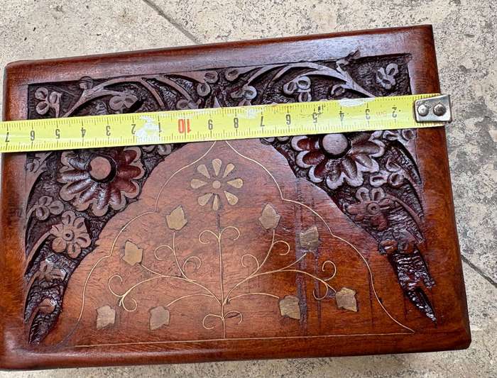 Vintage hand carved wood jewellery box with brass inlay floral