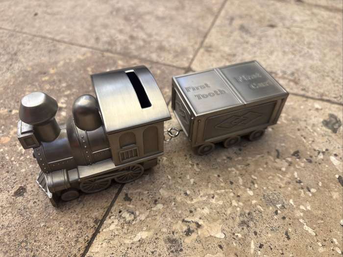 Train money box & first tooth and curl carriage , christening gift baby