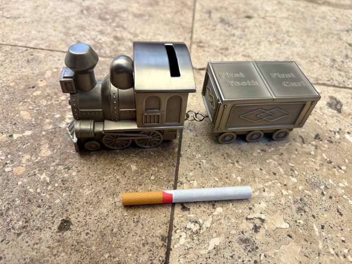 Train money box & first tooth and curl carriage , christening gift baby