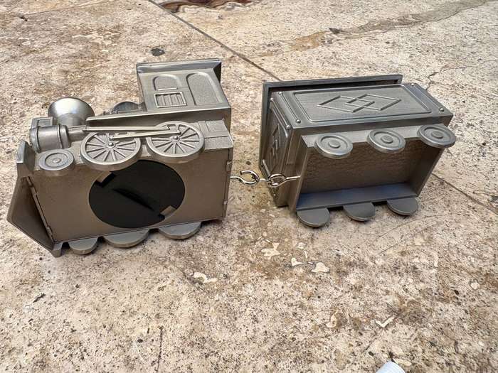 Train money box & first tooth and curl carriage , christening gift baby