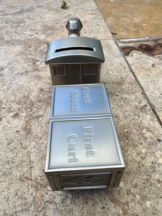 Train money box & first tooth and curl carriage , christening gift baby