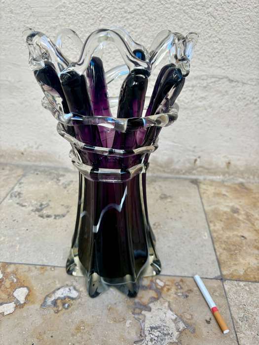 Bohemian Czech Hand Blown Art Finger Vase purple Glass Open Weave Work Collar 32 cm