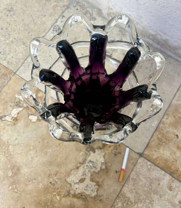 Bohemian Czech Hand Blown Art Finger Vase purple Glass Open Weave Work Collar 32 cm