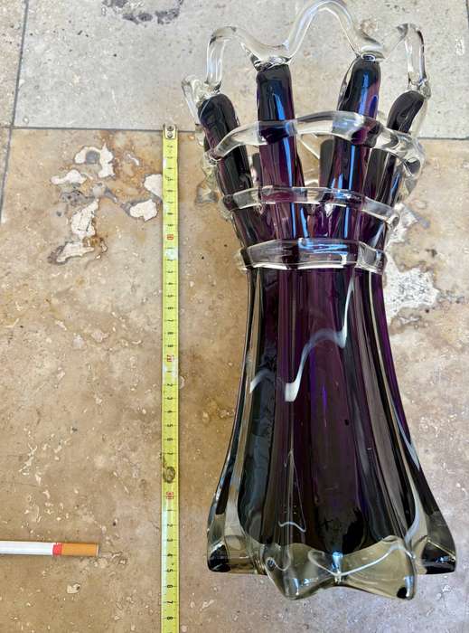 Bohemian Czech Hand Blown Art Finger Vase purple Glass Open Weave Work Collar 32 cm