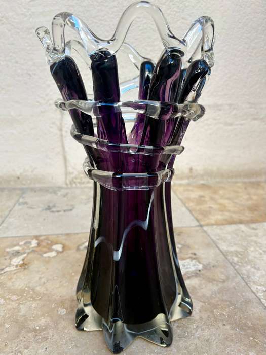 Bohemian Czech Hand Blown Art Finger Vase purple Glass Open Weave Work Collar 32 cm