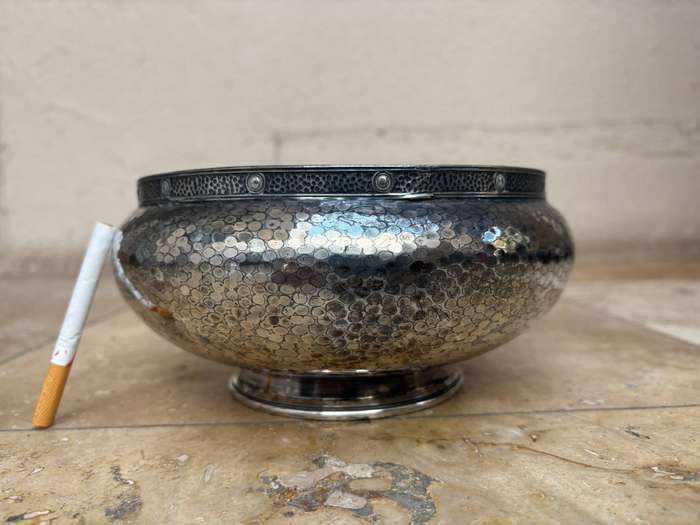 Antique hammered English pewter rose bowl electroplated