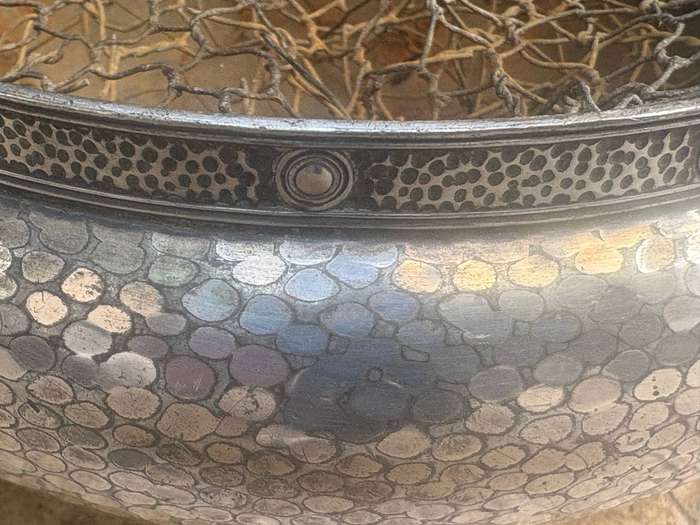 Antique hammered English pewter rose bowl electroplated