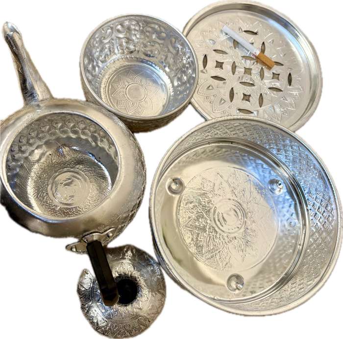 Vintage tea kettle set aluminium ware Thai handicraft pattern 5 piece