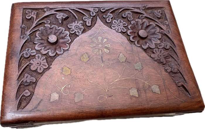 Vintage hand carved wood jewellery box with brass inlay floral