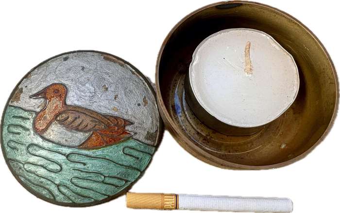 Vintage round brass trinket box etched duck on lid enamel paint