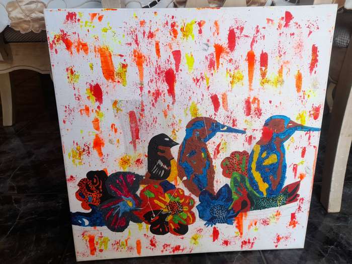 Floral Painting With Birds Acrylic Abstract Art Painting On Canvas ( 60 cm x 60 cm )