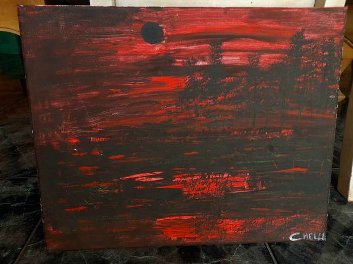 Red And Black Landscape Painting On Canvas ( 59 cm x 49 cm )