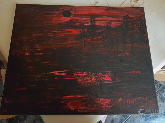 Red And Black Landscape Painting On Canvas ( 59 cm x 49 cm )