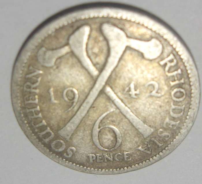 1942 silver Southern Rhodesia 6 Pence coin