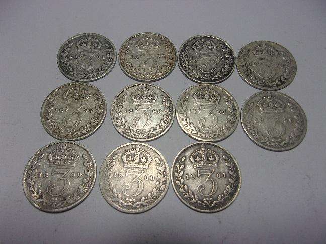 1891-1901 silver British Victoria 3 Pence coins