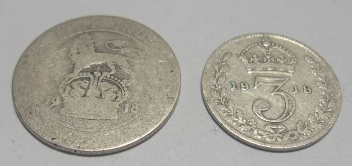 1918 silver British 6 and 3 Pence coins for 1 bid