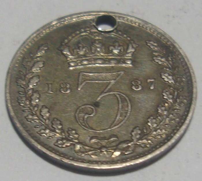 1887 silver British 3 Pence coin - holed but nice features