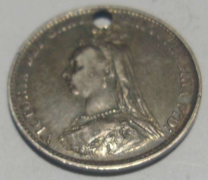 1887 silver British 3 Pence coin - holed but nice features