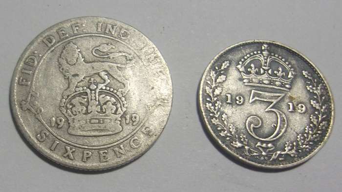 1919 silver British 6 and 3 Pence coins for 1 bid
