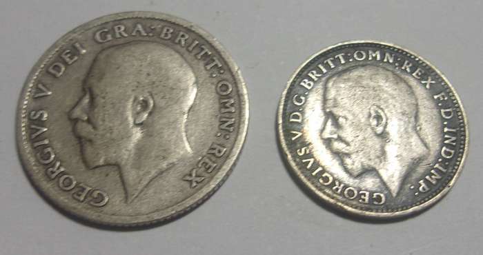 1919 silver British 6 and 3 Pence coins for 1 bid