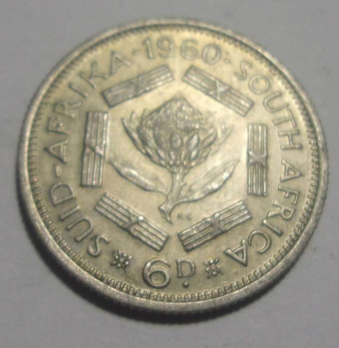 1960 silver South Africa 6 Pence coin - nice coin