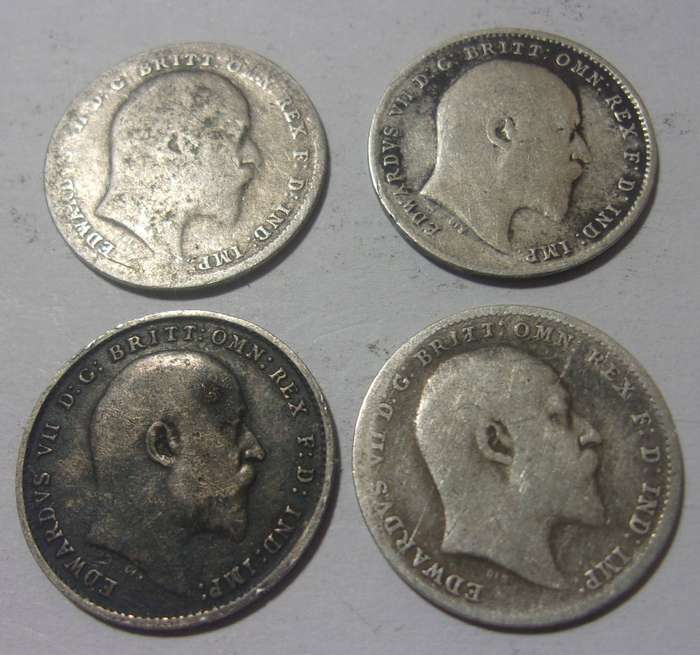 1903, 1905, 1907, 1909 silver British 3 Pence coins for 1 bid