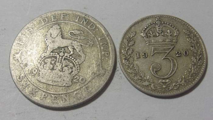 1920 silver British 6 and 3 Pence coins for 1 bid