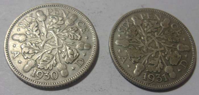 1930 & 1931 silver British 6 Pence coins for 1 bid