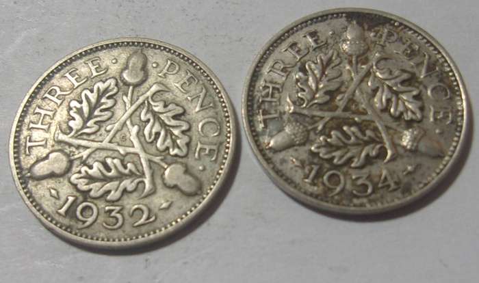 1932, 1934 silver British 3 Pence coins for 1 bid