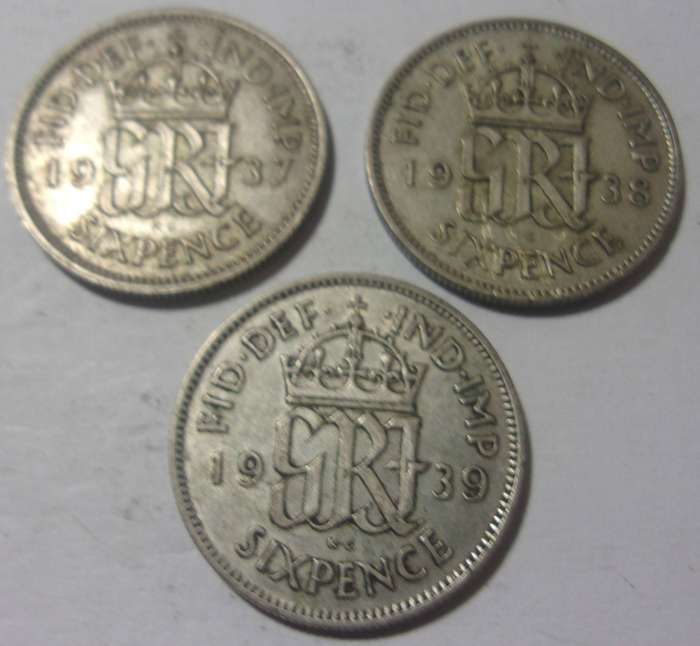 1937, 1938, 1939 silver British 6 Pence coins for 1 bid