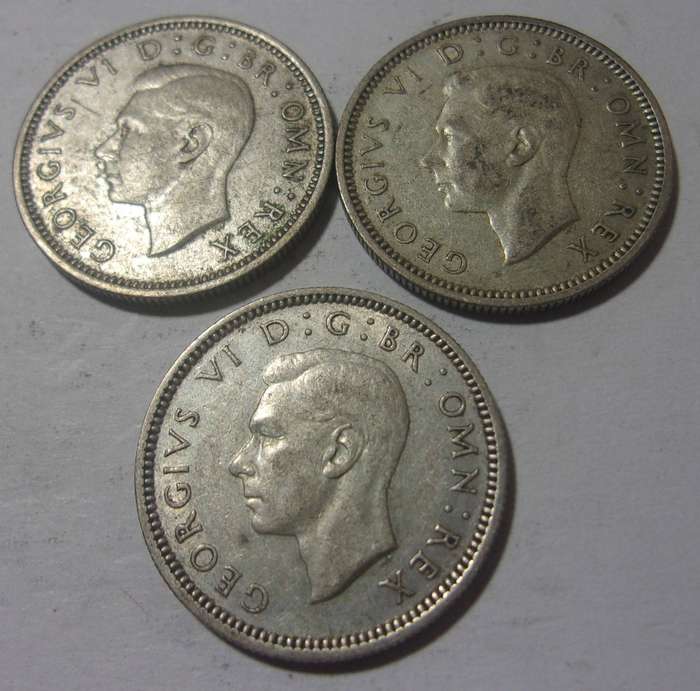 1937, 1938, 1939 silver British 6 Pence coins for 1 bid
